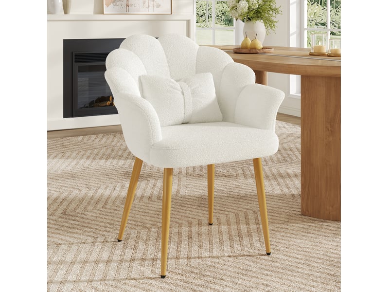 Fauteuil de salle à manger à dossier pétale 64x65,5x85 cm en tissu teddy blanc - Conforama B