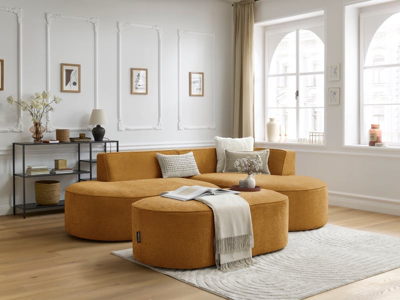  Bobochic canapé d'angle fixe rousseau tissu texturé avec pouf jaune  angle droit ROUSSEAU - Conforama B
