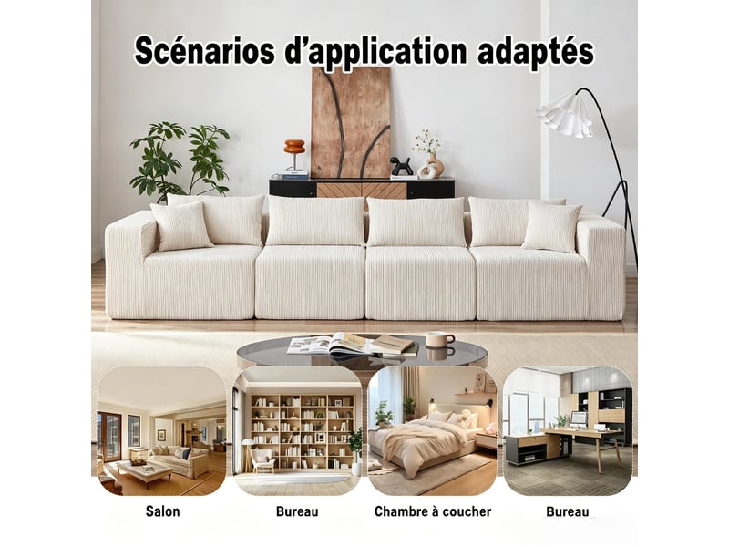  Canapé d’angle, sectionnel en velours côtelé 104, ensemble bas haut de gamme, rembourré, 4 modules, 71x264x167 cm, beige  - Conforama E