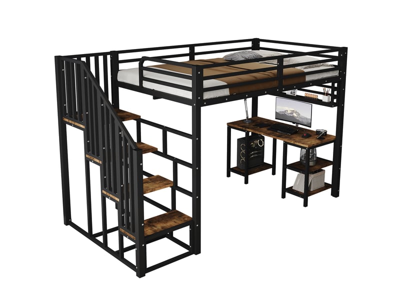  Lit mezzanine enfant 120x200 cm – noir et noyer foncé – bureau, étagère, escalier avec rampes - sans matelas  - Conforama A