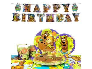 Set decoration anniversaire enfant multicolore scooby doo avec guirlande et nappe + assiettes verres gobelets papier