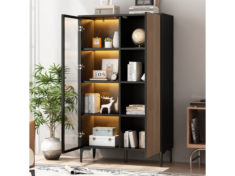  Vitrine haute 90x40x135 cm avec 2 portes dont 1 vitrée, 8 compartiments, led rgb bluetooth, mdf noir et bois, meuble de rangement salon  - Conforama C