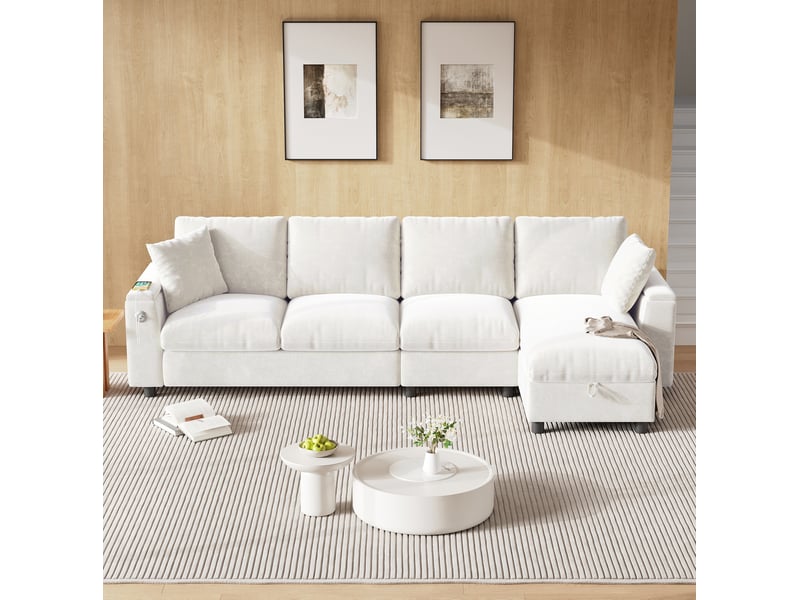 Canapé d'angle convertible réversible 4 places en chenille beige avec rangement - Conforama D