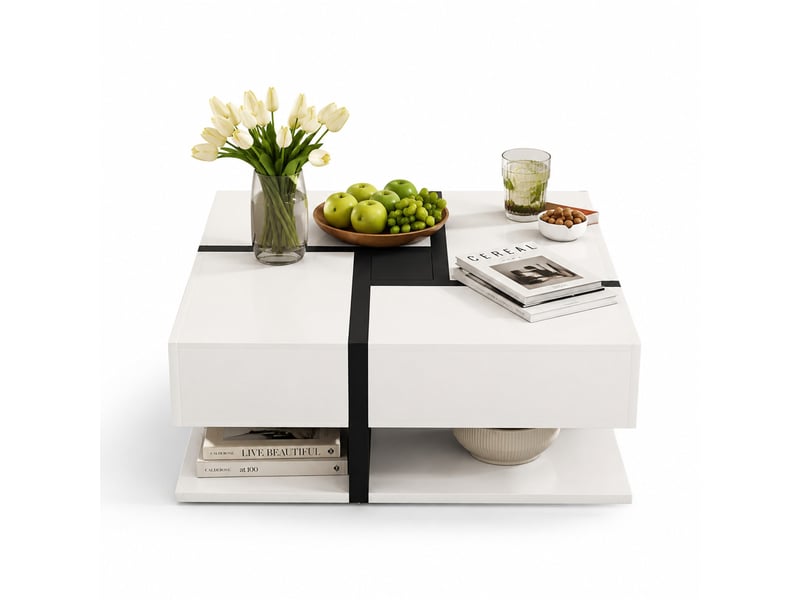  Table basse carrée 78x78x36 cm avec 4 tiroirs, blanc et noir brillant  - Conforama A