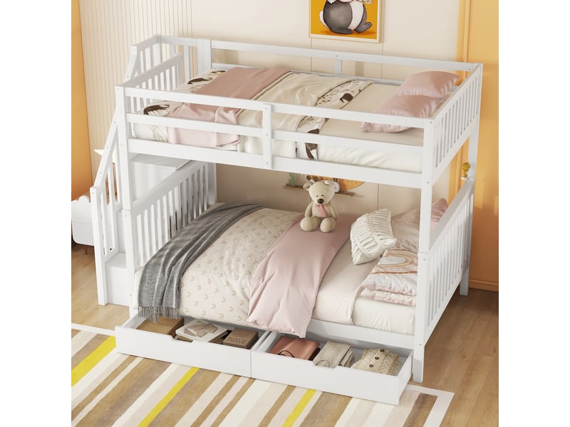  Lit superposé 140*200cm, blanc, échelle étagère, deux tiroirs, garde-corps hauts, certifié en747  - Conforama C