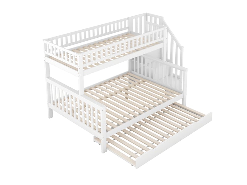  Lit superposé enfant avec escalier et rangement mobile, pin blanc, 90x200+140x200 cm, sans matelas  - Conforama D