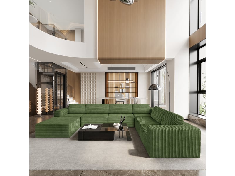  Canapé modulaire panoramique 7 places ouvert à gauche,velours côtelé,1 pouf,canapé compressé pour grand salon,404x303x82cm,vert 404x303x82CM - Conforama B