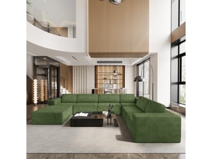 Canapé modulaire panoramique 7 places ouvert à gauche,velours côtelé,1 pouf,canapé compressé pour grand salon,404x303x82cm,vert
