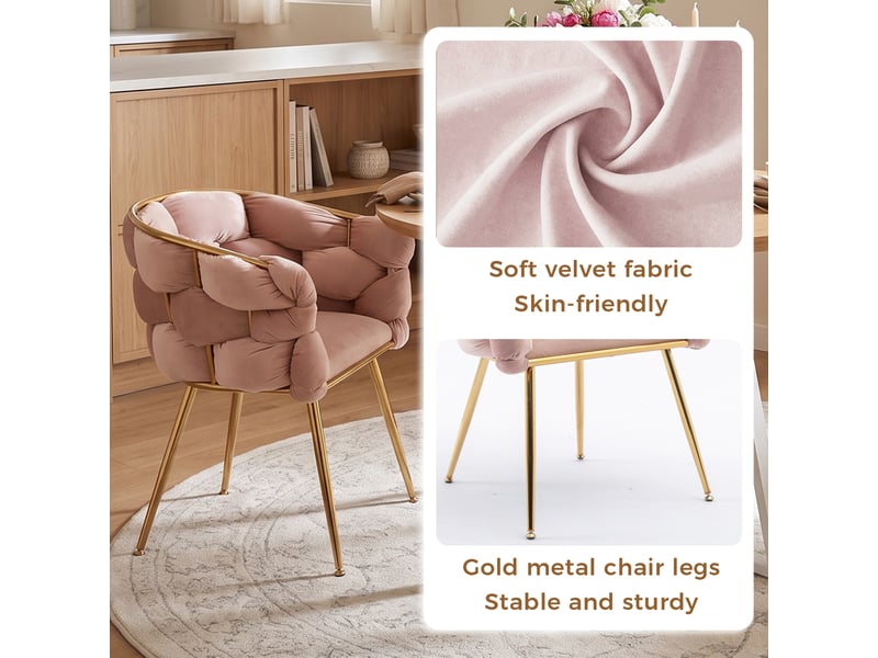 Fauteuil de chambre avec accoudoirs, dossier mi-haut et assise rembourrée, pieds dorés en velours rose  - Conforama E