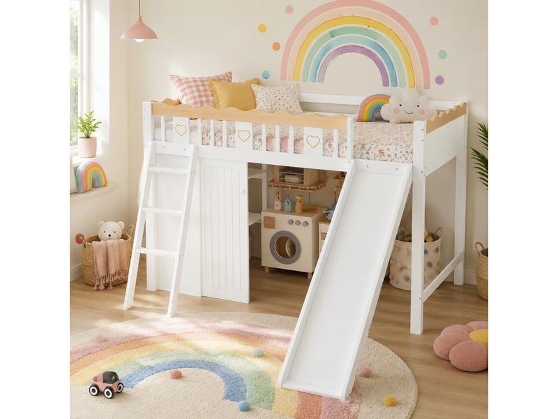  Lit mezzanine 90x200 cm avec toboggan et rangements en bois et mdf blanc et naturel  - Conforama C