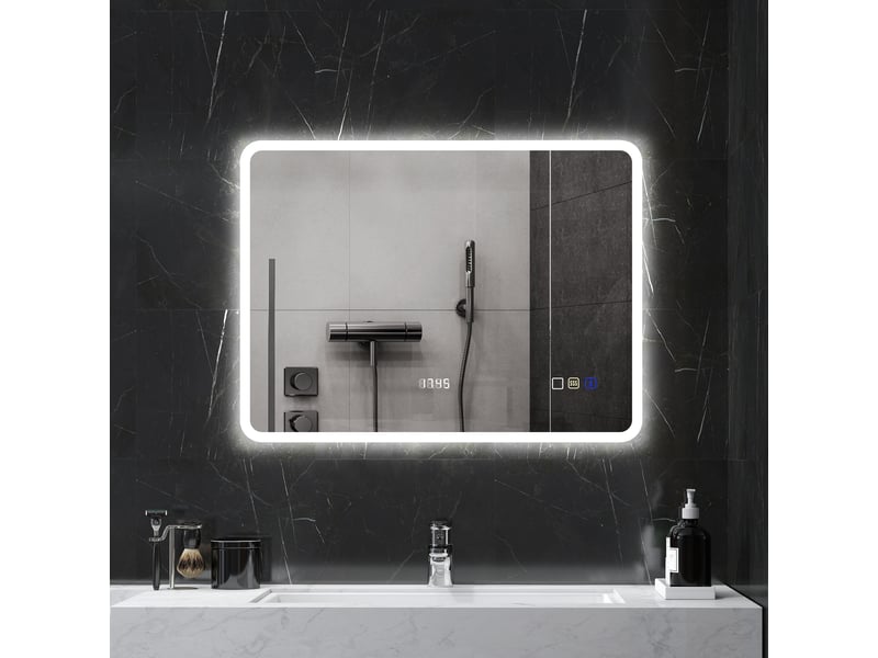 Miroir de salle de bain avec éclairage led 80x60 cm, bluetooth, 3 couleurs d'éclairage, fonction antibuée, fonction mémoire, ip44 - Conforama C