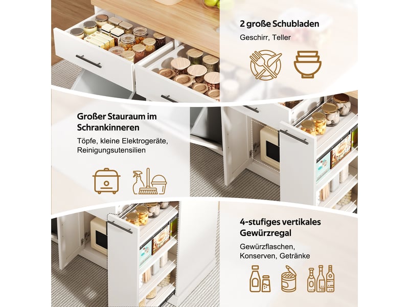 Îlot de cuisine 120x45-70x93 cm – îlot sur roulettes avec plan rabattable poubelle et épicier 4 niveaux – mdf – blanc CozyNest - Conforama E