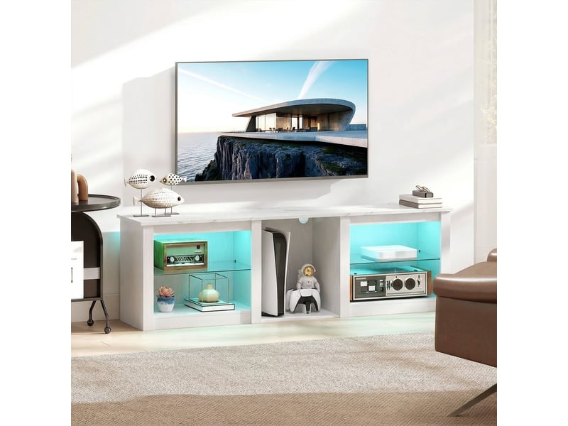  Meuble tv avec éclairage led pour télévision jusqu'à 70 pouces, blanc, 160cm avec étagères en verre réglables  - Conforama D