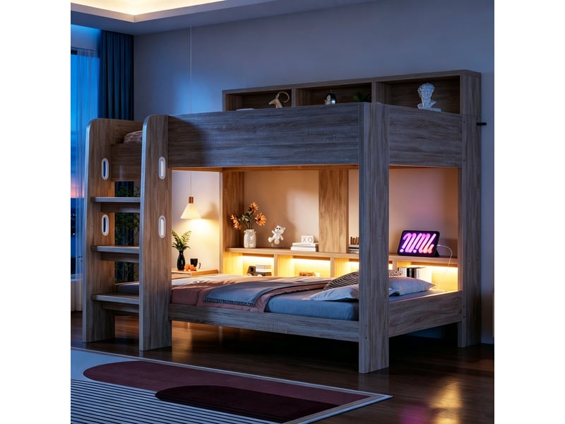Lit superposé 90 x 200 cm avec rangements, led et prises - échelle large et barrières de sécurité - Conforama B