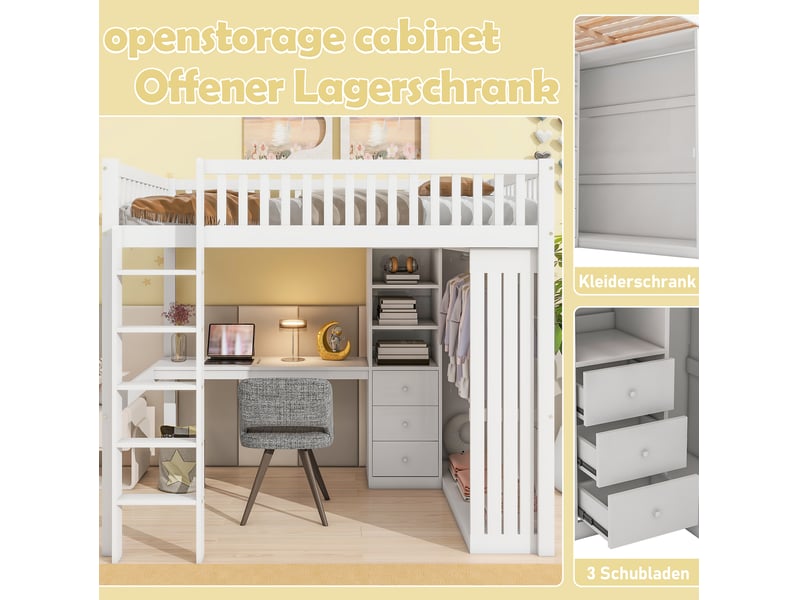  Lit mezzanine enfant 140x200 cm avec bureau, armoire, 3 tiroirs et escalier blanc  - Conforama E