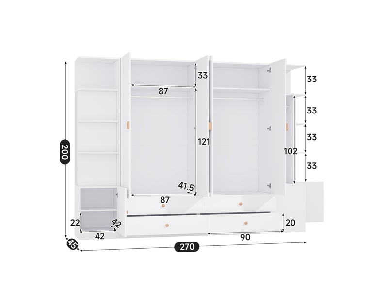  Armoire de chambre 270x45x200 cm, grand dressing modulable 6 portes, avec 4 tiroirs et 4 penderies, en bois massif et mdf, blanc  - Conforama E