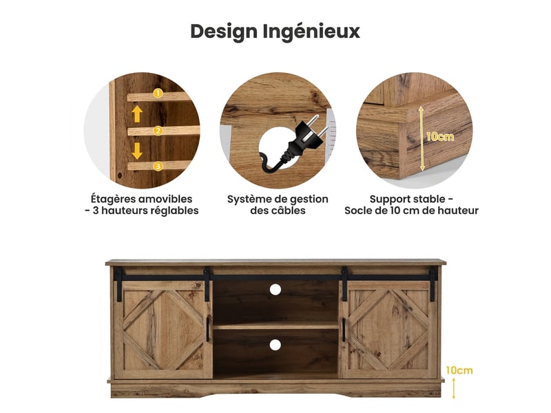  Meuble tv 150 cm portes coulissantes marron rustique style industriel  - Conforama R