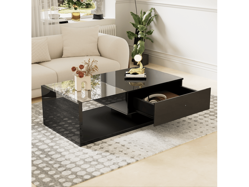  Table basse 105x55x32,5 cm avec plateau en verre trempé et led, noir brillant  - Conforama B