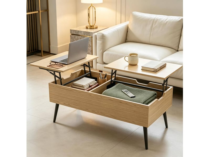 Table basse 100x50 cm à plateaux relevables avec rangements, effet bois naturel et noir - Conforama B