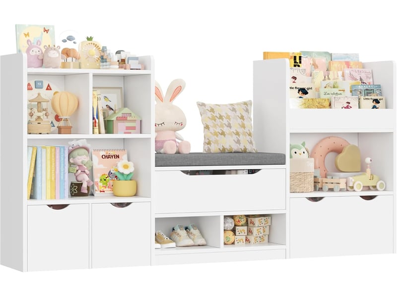  Meuble rangement enfant 183.5cm bibliothèque enfant avec banc 11 étagères 3 tiroirs roulants rangement jouet 183.5x29.8 x94.5 cm  - Conforama A