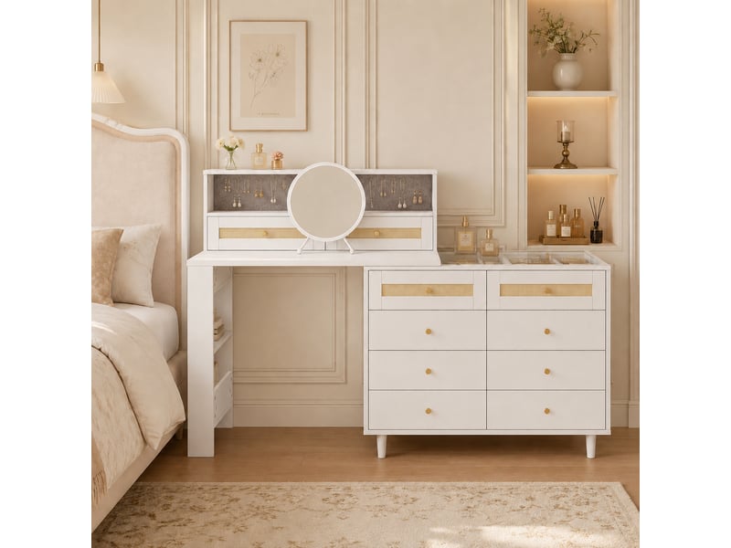  Coiffeuse 10 tiroirs et miroir pour chambre, 105 × 50 × 108 cm  - Conforama B
