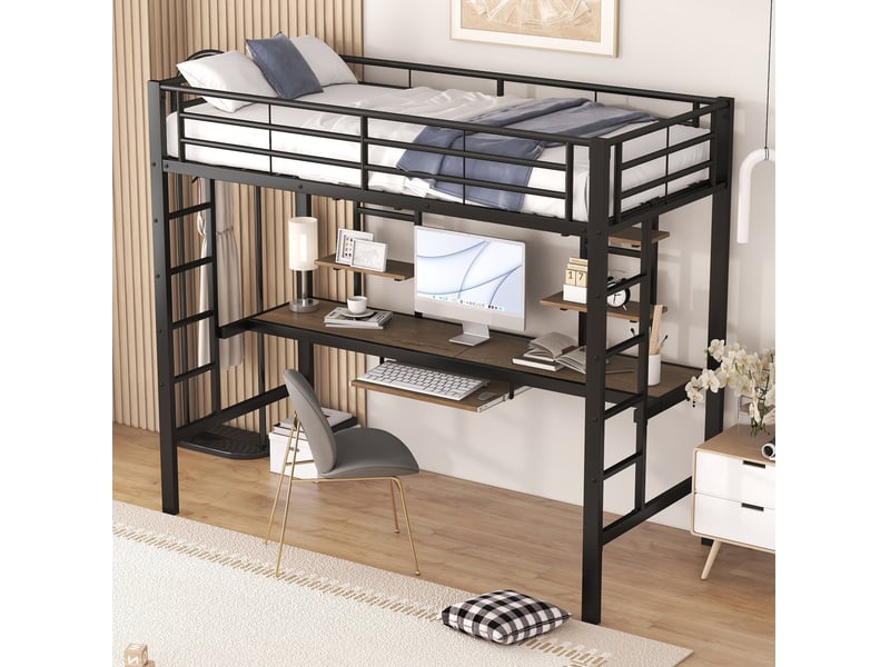  Lit mezzanine 90x200 cm avec bureau et 2 étagères métal noir  - Conforama D