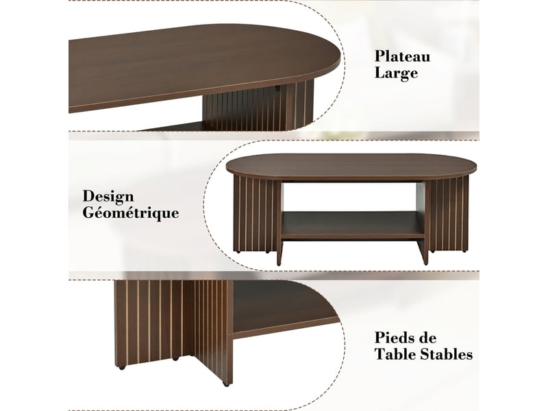  Table basse ovale de salon en mdf avec étagère 100x49x35 cm - design moderne rainuré  - Conforama D