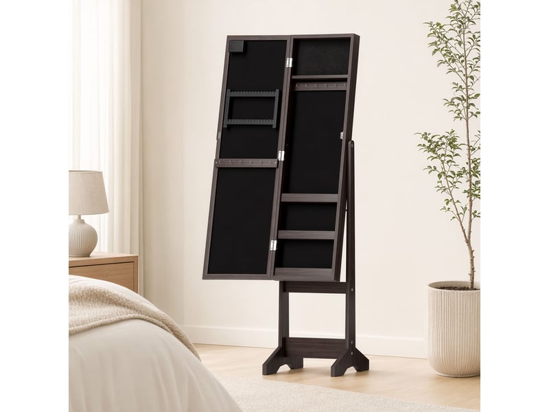  Armoire à bijoux, armoire de rangement sur pieds, boîte à bijoux avec miroir multi-rangements éclairage led marron foncé  - Conforama B