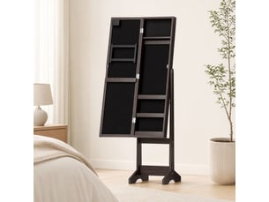 Armoire à bijoux, armoire de rangement sur pieds, boîte à bijoux avec miroir multi-rangements éclairage led marron foncé