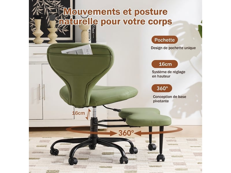  Chaise de bureau verte et chaise de méditation en similicuir, pivotante avec hauteur réglable et repose-pieds rétractable, 67x80x84 cm  - Conforama E