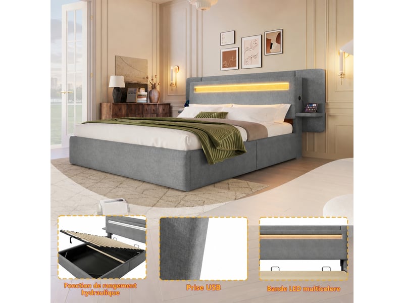  Lit coffre 180 x 200 cm gris rembourré avec rangement hydraulique et éclairage led multicolore, sans matelas  - Conforama E