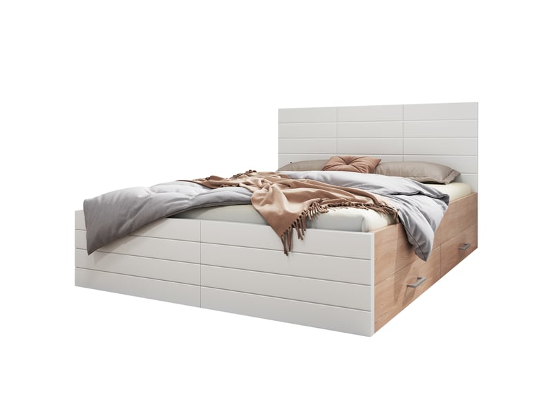  Lit double 160x200 cm avec 2 tiroirs, cadre de lit, bois + mdf, blanc et chêne clair sans matelas  - Conforama A