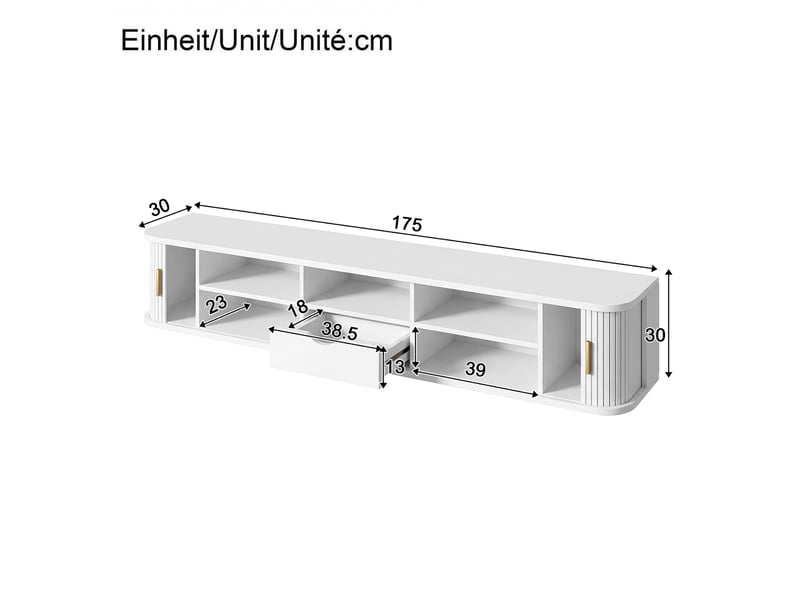  Meuble tv suspendu 175x30x30 cm, 2 portes coulissantes, 1 tiroir, étagères réglables, led par application, façade rainurée - blanc  - Conforama C