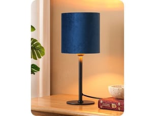 Lampe de table moderne t002 base metal noire et abat-jour velours bleu saphir e27 led 2700k