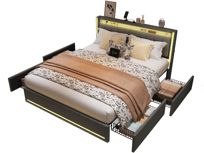  Lit double rembourré 140x190 avec led et usb, lit 2 personnes avec sommier à lattes et 4 tiroirs, pour adultes et adolescents, lin gris  - Conforama A