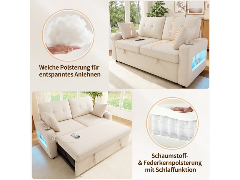  Canapé-lit 2 places 141,5x131x83,5 cm avec led et ports usbtype-c beige  - Conforama E