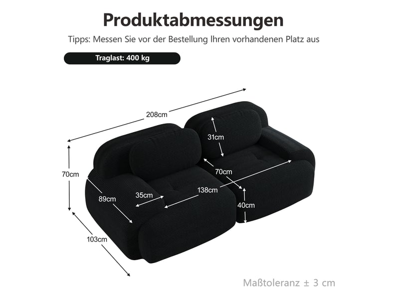Canapé droit modulaire 2 places en velours côtelé noir, sans cadre, confort souple pour votre salon au quotidien - Conforama C