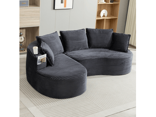 Canapé 3 places fixe en velours côtelé gris foncé, design arrondi avec porte-gobelets et rangements latéraux