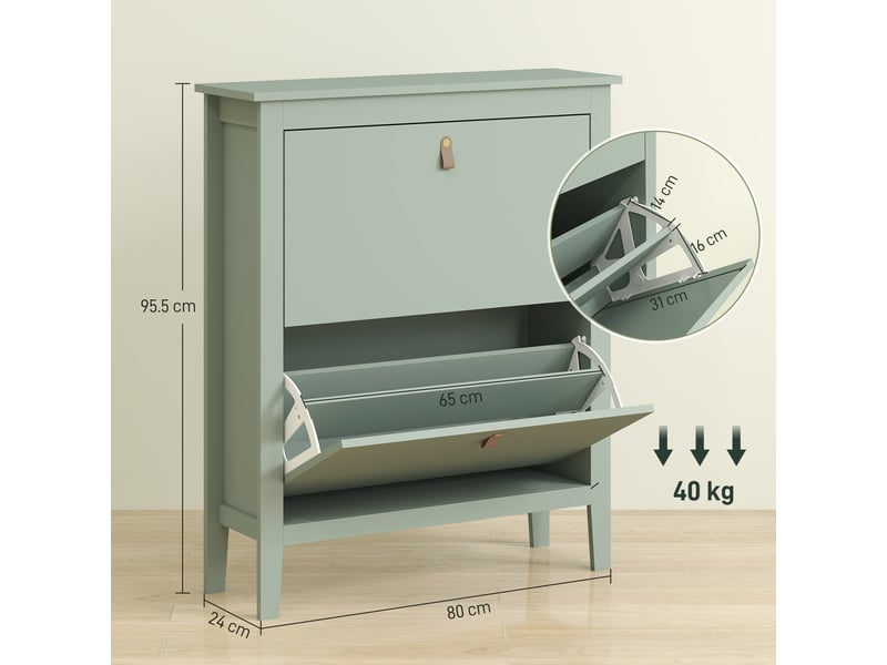  Étagère à chaussures étroite avec 2 tiroirs pour 14 paires de chaussures, pointure 44 (eu), et étagères réglables, 80 x 24 x 95,5 cm, verte  - Conforama D