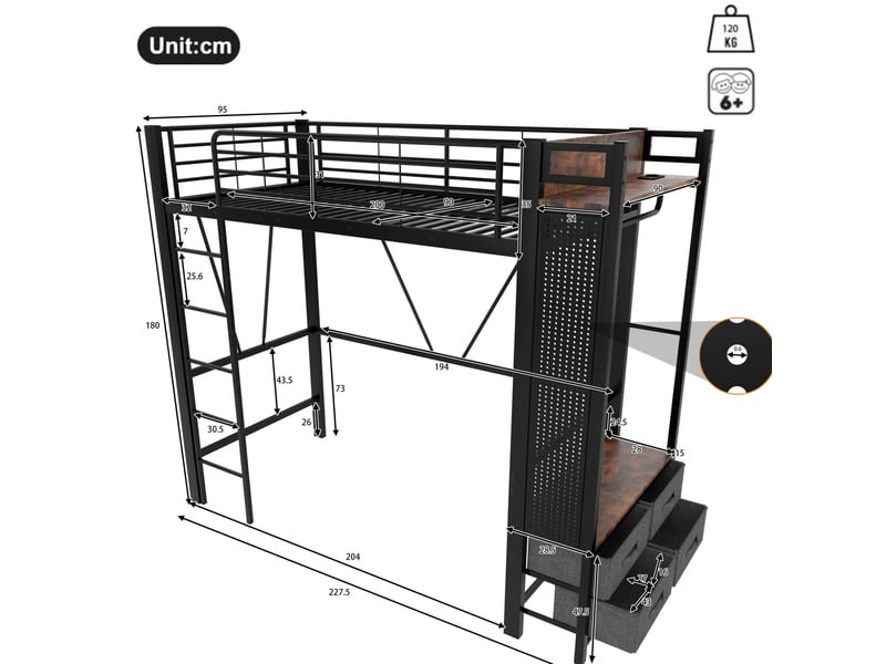 Lit mezzanine 90x200 cm en métal et mdf avec rangements, led et échelle, noir - Conforama C