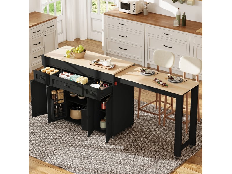  Îlot de cuisine mobile extensible, rangement aux épices, 3 tiroirs, mdf, noir et naturel  - Conforama B