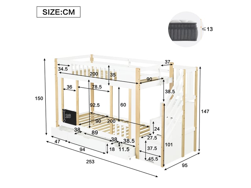  Lit superposé enfant 90x200 cm blanc et naturel avec rangement et 3 tiroirs  - Conforama C