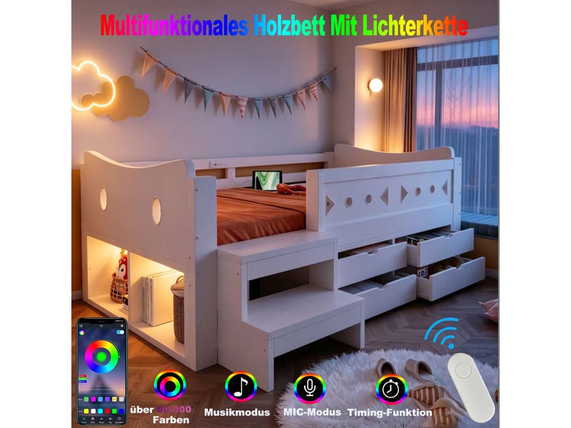 Lit simple 90x200 cm - 4 tiroirs et rangement - tête de lit avec led, usb & type-c - barrières de sécurité - blanc - Conforama D