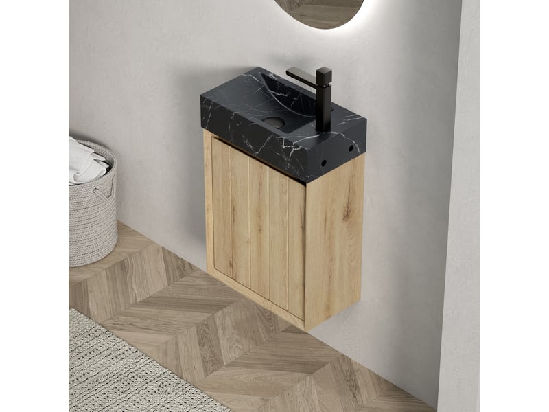  Meuble vasque suspendu compact à porte avec fermeture amortie - lpospi - vasque intégrée marbre noir, chêne blanc  - Conforama C