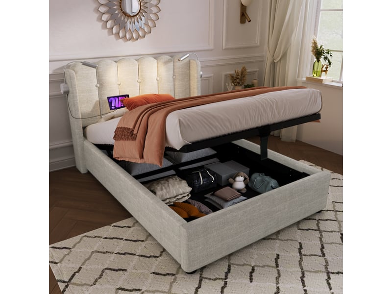  Lit 1 personne avec matelas, lit enfant avec led et tête de lit en lin, lit simple 90x200cm avec sommier à lattes, couleur naturelle  - Conforama W
