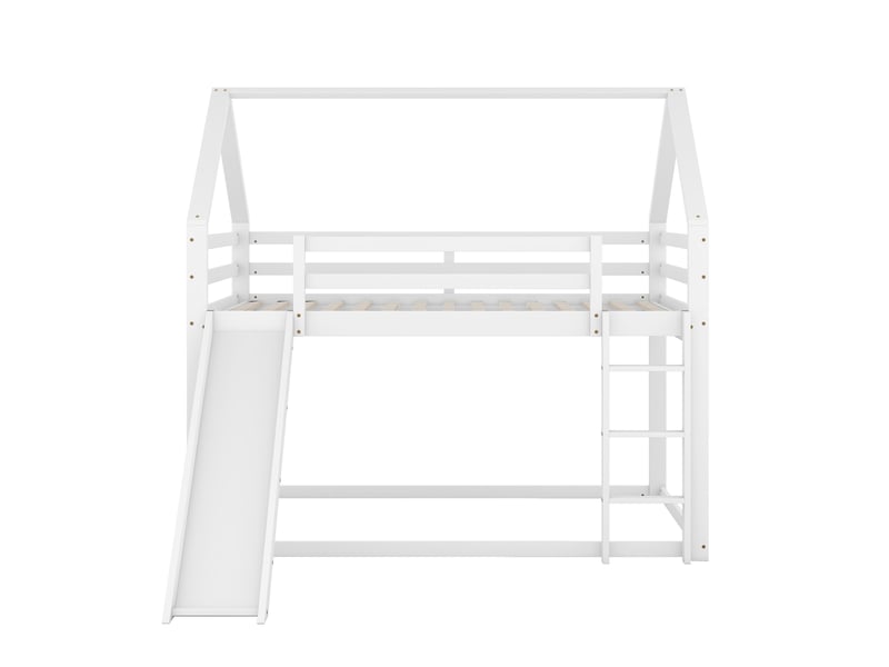  Lit superposé enfant blanc 140 × 200 cm, forme maison, avec toboggan et échelle  - Conforama A