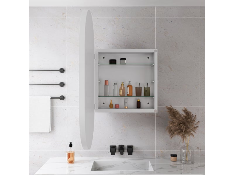  Armoire de toilette miroir ovale 85x51,5x12 cm, pose murale ou encastrée, métal et verre, blanc  - Conforama E