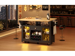 Îlot de cuisine mobile 120 x 40-80 x 95 cm, plateau rabattable, éclairage led rgb et porte-bouteilles, noir, en mdf