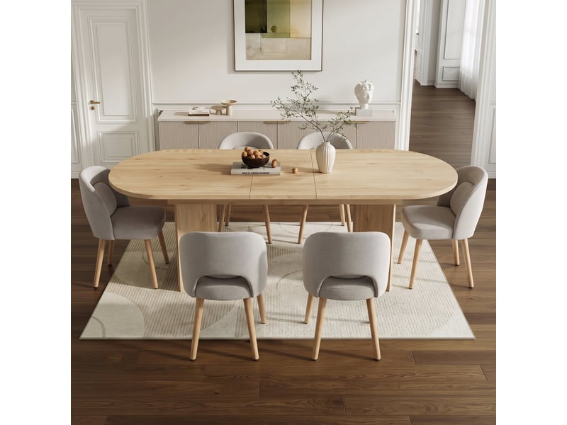 Ensemble table extensible 160200 x 90 cm et 6 chaises de salle à manger, plateau épais, coins arrondis, chaises en bois rembourrées, pivotantes à 360°, style épuré - Conforama R