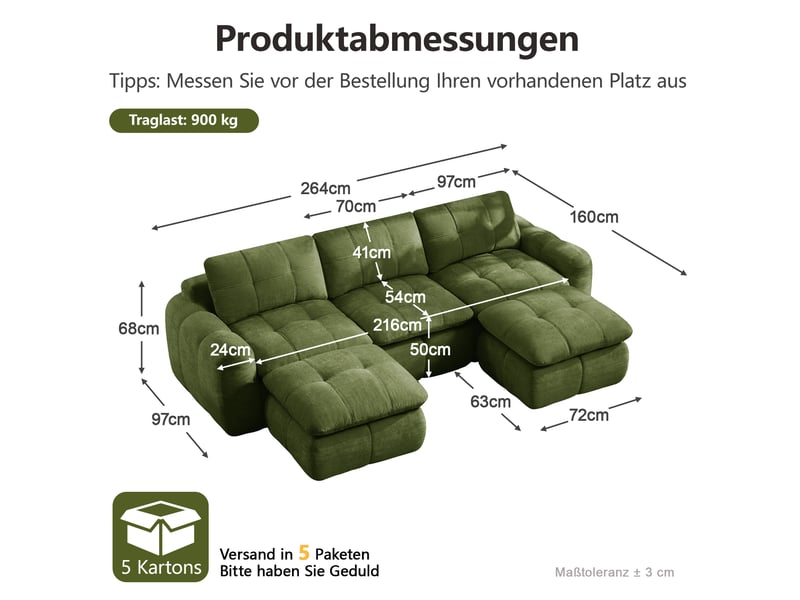 Canapé modulable en u 3 places sans cadre avec 2 poufs, mousse 32d, sans montage, en chenille vert - Conforama C